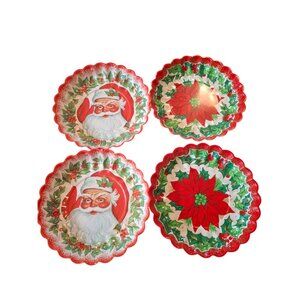 Vintage Christmas Santa Poinsetta Scalloped Holiday Decor 10 in Set/4